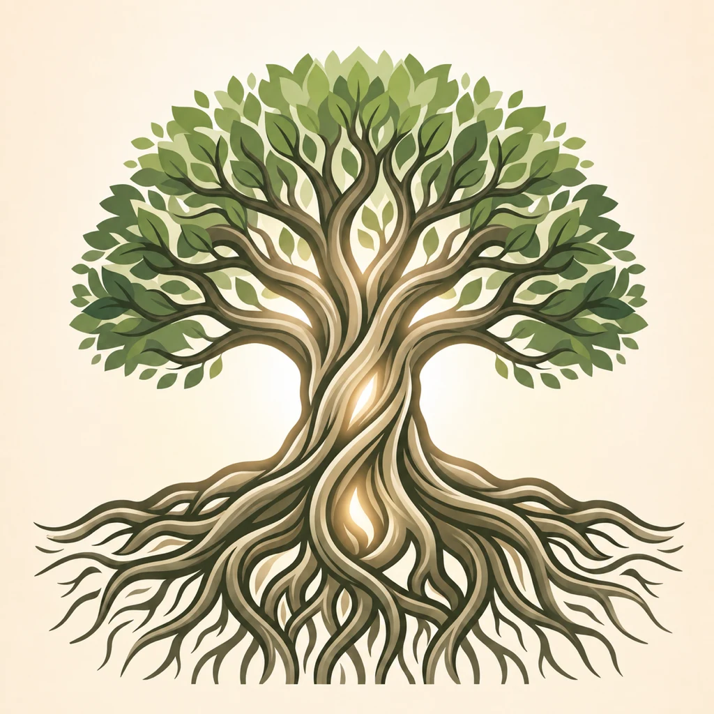 Rooted app icon showing an illuminated tree with deep roots